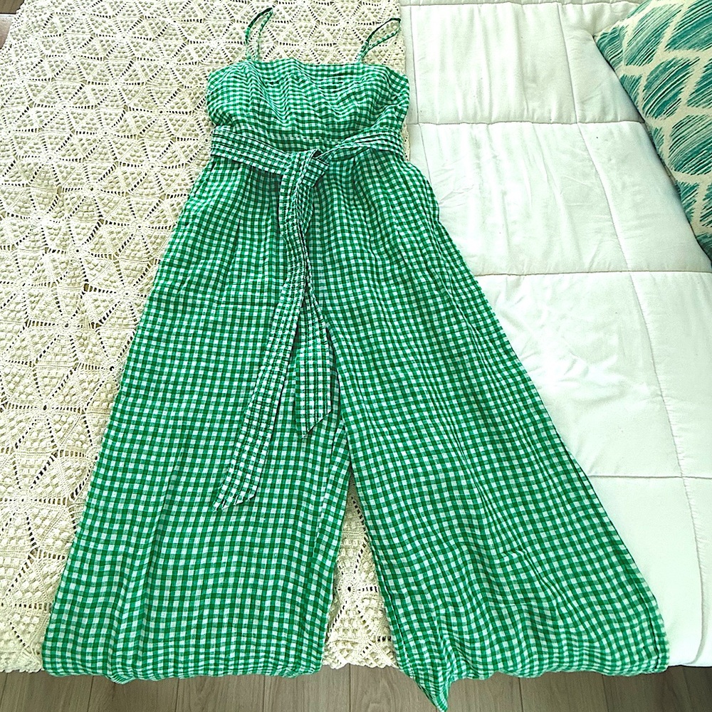 J Crew size 0 green white gingham wide legged romper with tie waste
